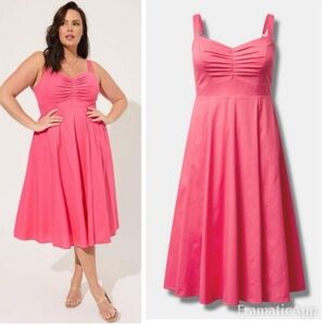 Torrid Midi Poplin Shirred Dress | Pink Ruched Sweetheart Midi Dress